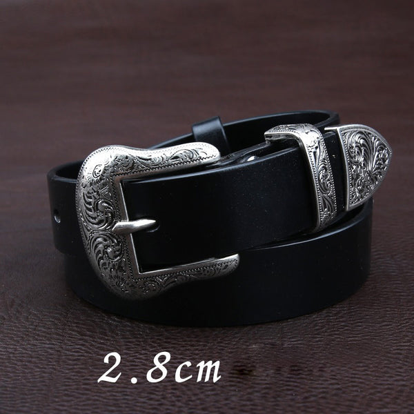 Handmade Black Leather Women Belt Slim Floral-Embossed Western Mens Silver Leather Belt for Men