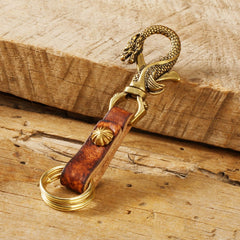Brown Handmade Chinese Dragon Leather Brass Keyring Moto KeyChain Leather Keyring Moto Cross Key Holders Key Chain for Men