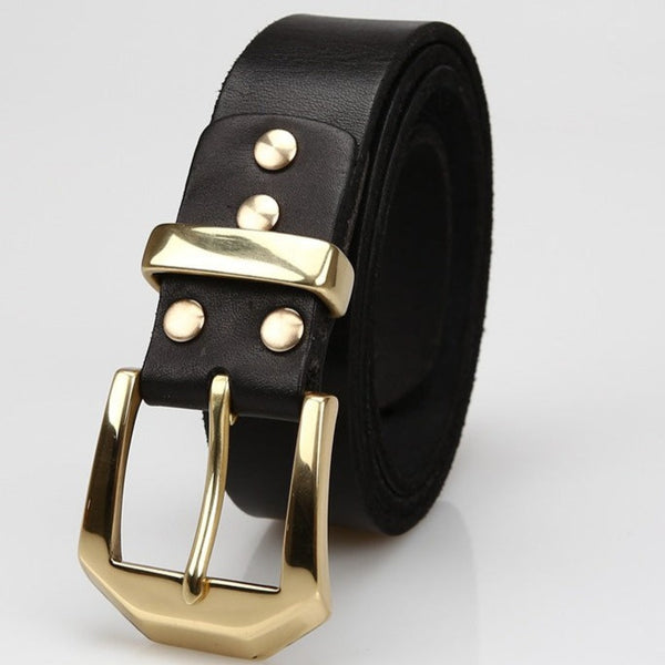 Handmade Black Brass Leather Belt Minimalist Mens Brass Leather Belts for Men