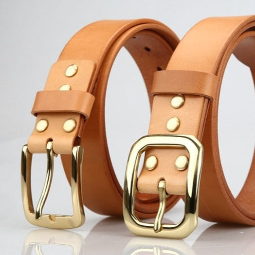 Handmade Leather Belts Mens Brass Beige Minimalist Leather Belts for Men