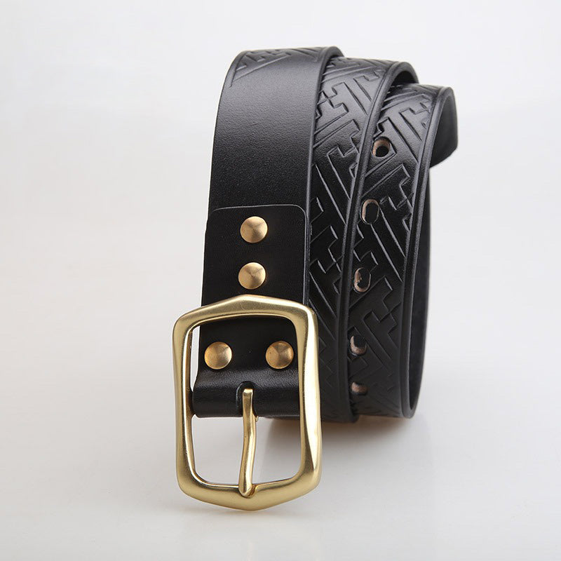 Mens Coffee Brass Leather Belts Stamped Handmade Leather Belt for Men