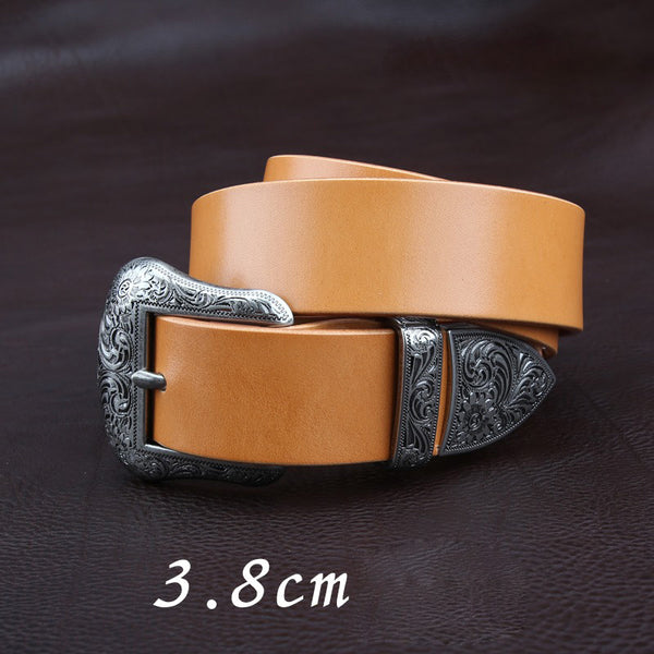 Handmade Beige Leather Belt Floral-Embossed Western Mens Silver Leather Belt for Men
