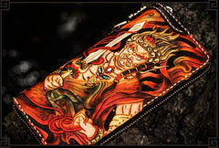 Handmade Leather Acalanatha Tooled Mens Long Biker Wallet Cool Leather Biker Wallet With Chain Wallets for Men
