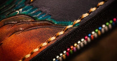 Handmade Leather Tooled Yellow Jambhala Mens Biker Chain Wallet Cool Leather Wallet Zipper Long Phone Wallets for Men