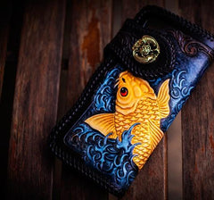 Handmade Leather Carp Mens Chain Biker Wallet Cool Leather Tooled Long Chain Wallets for Men