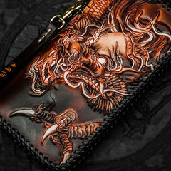 Cool Leather Tooled Chinese Dragon Chain Wallet Mens Biker Wallet Leather Wallet Long Phone Wallets for Men