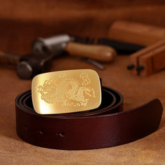 Handmade Leather Belts Minimalist Mens Brass Black Chinese Dragon Leather Belts for Men
