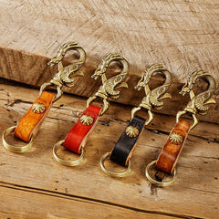 Handmade Chinese Dragon Leather Brass Keyring Moto KeyChain Leather Keyring Moto Cross Key Holders Key Chain for Men