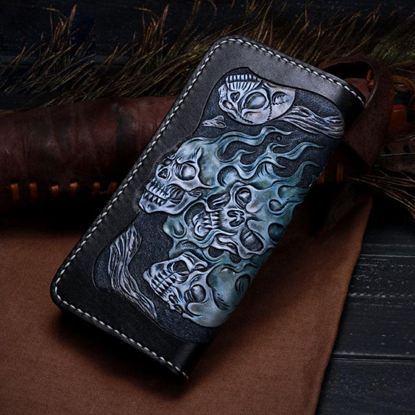 Handmade Leather Skull Tooled Long Mens Chain Biker Wallet Cool