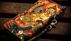 Handmade Leather Tooled Yellow Jambhala Mens Biker Chain Wallet Cool Leather Wallet Zipper Long Phone Wallets for Men