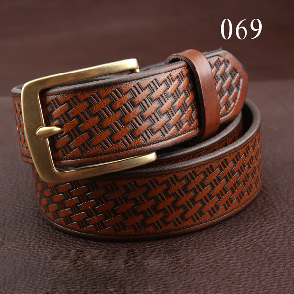 Handmade Tooled Brown Leather Belt Braided Pattern Mens Brass Leather Belt for Men