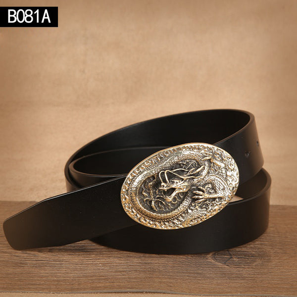 Handmade Mens Brass Chinese Dragon Leather Belts Handmade Black Leather Belt for Men