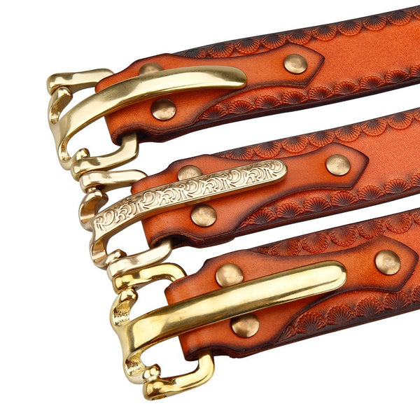 Brown Stamped Leather Mens Belts Colonel Littleton Brass Handmade Leather Belts for Men