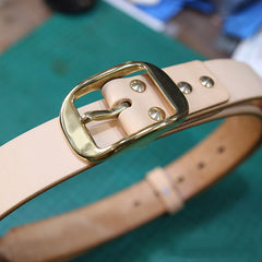 Mens Beige Brass Leather Belts Minimalist Handmade Leather Belt for Men