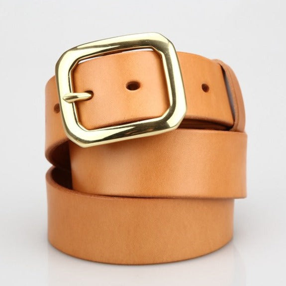 Handmade Leather Belt Minimalist Mens Brass Beige Leather Belts for Men