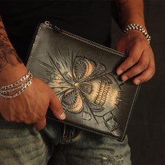 Cool Handmade Tooled Leather Pisces Clutch Wallet Wristlet Bag Clutch Purse For Men
