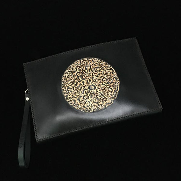 Black Handmade Tooled Leather Totem Clutch Wallet Wristlet Bags Clutch Purse For Men