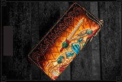 Handmade Leather Ucchusma Mens Tooled Long Biker Chain Wallet Cool Leather Wallet With Chain Wallets for Men
