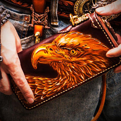 Handmade Leather Mens Tooled Eagle Chain Biker Wallets Cool Leather Wallet Long Wallets for Men