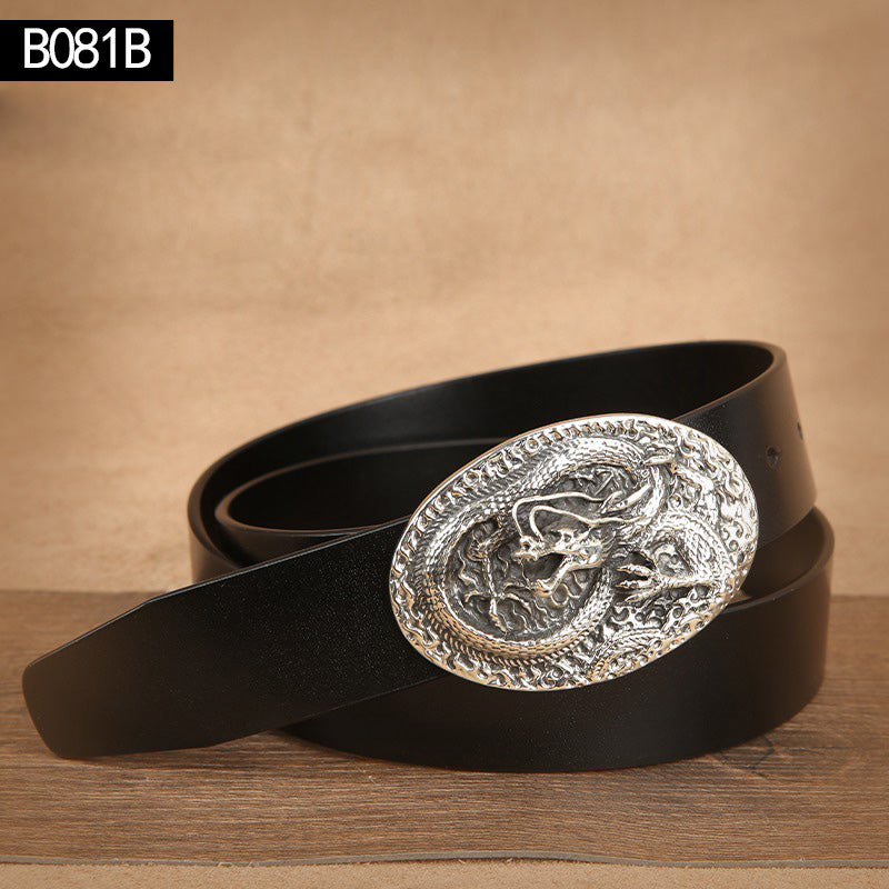 Handmade Mens Brass Chinese Dragon Leather Belts Handmade Black Leather Belt for Men