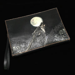 Black Handmade Tooled Leather Lion Chinese Dragon Clutch Wallet Wristlet Bag Clutch Purse For Men
