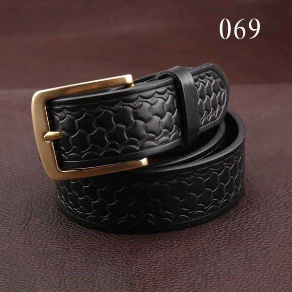 Handmade Tooled Black Leather Belt Armor Pattern Mens Brass Leather Belt for Men