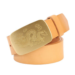 Handmade Leather Belts Minimalist Mens Brass Chinese Dragon Leather Belts for Men