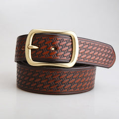 Mens Black Brass Leather Belts Braided Pattern Handmade Leather Belt for Men