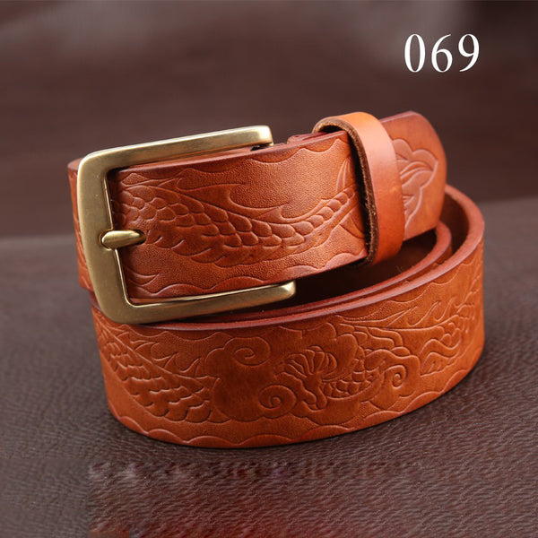 Handmade Tooled Brown Leather Belt Chinese Dragon Mens Brass Leather Belt for Men
