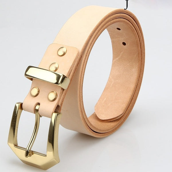 Handmade Mens Beige Leather Belts Minimalist Brass Leather Belt for Men