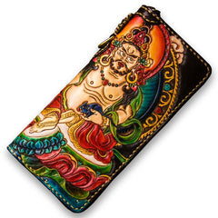 Handmade Leather Tooled Yellow Jambhala Mens Biker Chain Wallet Cool Leather Wallets Zipper Long Phone Wallets for Men