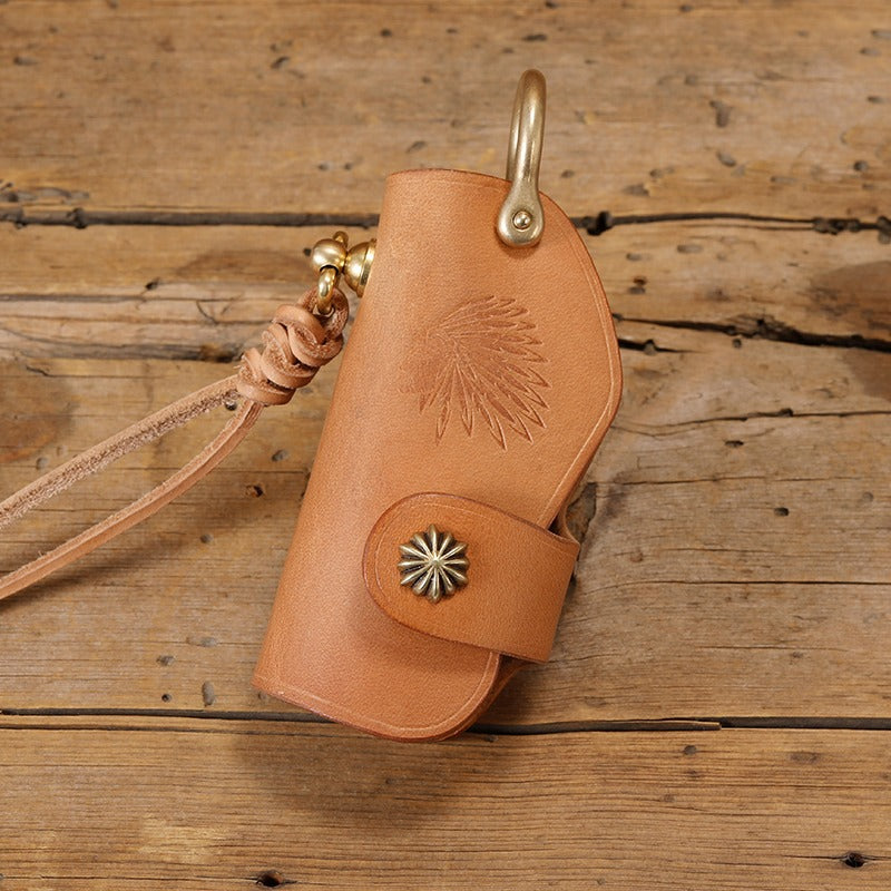 Handmade Beige Leather Key Holders Indian Leather Keychain Moto Key Chain Key Ring for Men