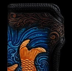 Handmade Leather Carp Mens Chain Biker Wallet Cool Leather Tooled Long Chain Wallets for Men