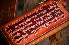 Handmade Leather Mens Tibetan Chain Biker Wallet Cool Tooled Leather Wallet Long Clutch Wallets for Men