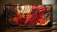 Handmade Leather Tooled Carp Mens Biker Chain Wallet Cool Leather Wallet Long Wallets for Men