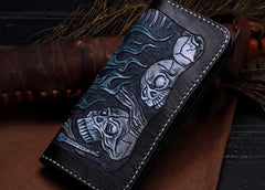 Handmade Leather Skull Tooled Long Mens Chain Biker Wallet Cool Leather Wallet With Chain Wallets for Men