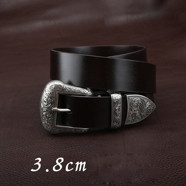 Handmade Coffee Leather Belt Floral-Embossed Western Mens Silver Leather Belt for Men