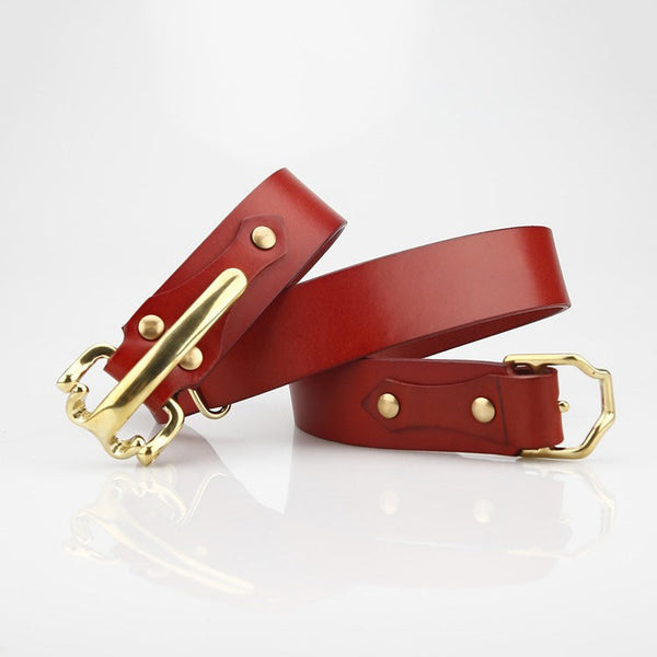 Red Brown Leather Mens Belts Colonel Littleton Brass Handmade Leather Belt for Men