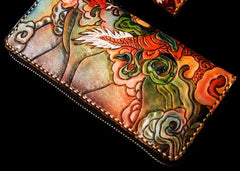 Handmade Leather Tooled White Jambhala Mens Chain Biker Wallet Cool Leather Wallets Zipper Long Phone Wallets for Men