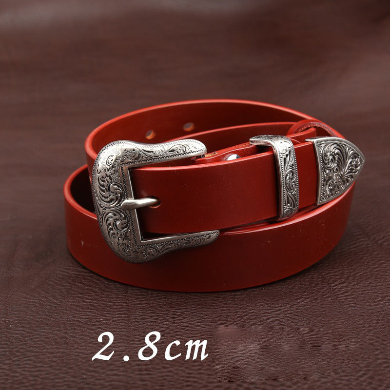 Handmade Red Brown Slim Leather Belt Floral-Embossed Western Womens Silver Leather Belt for Womens