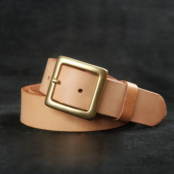 Beige Handmade Leather Belts Minimalist Mens Brass Beige Leather Belts for Men
