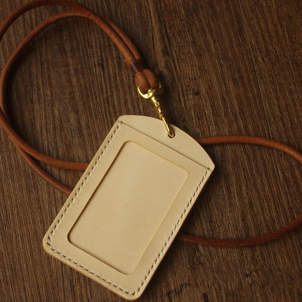 Beige Leather Lanyard for ID Badge Holders Keychain Handmade Neck Strap For ID Window for Men