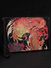 Black Handmade Tooled Leather Chinese Dragon Clutch Wallets Wristlet Bag Clutch Purse For Men
