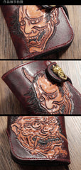 Brown Handmade Tooled Hannya Leather Mens Small Bifold Biker Wallet Short Wallet For Men