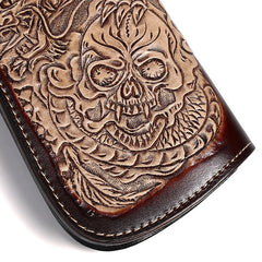 Cool Leather Tooled Dragon&Skull Long Biker Wallet Handmade Biker Chain Wallet for Men