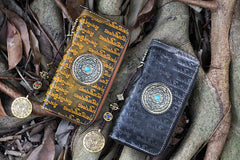 Handmade Tan Leather Tibetan Scriptures Long Chain Wallet Tooled Zipper Biker Wristlet Wallet for Men