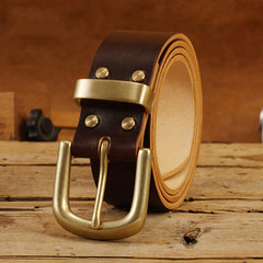 Handmade Leather Belts Minimalist Mens Brass Black Leather Belt for Men
