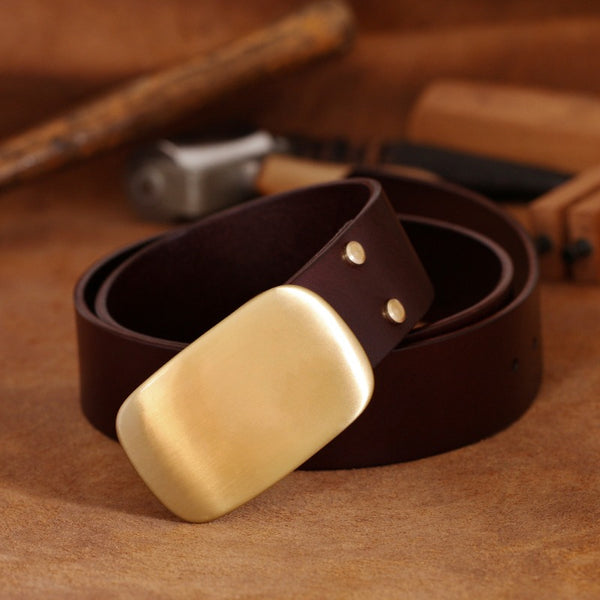 Handmade Leather Belts Minimalist Mens Brass Coffee Leather Belts for Men