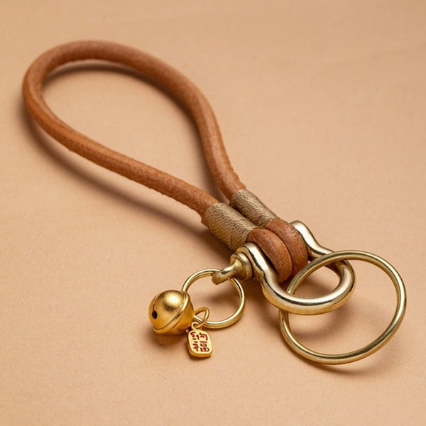 Handmade Beige Leather Keychain Brass Key Holder with Bell Leather Moto Key Chain Key Ring for Men