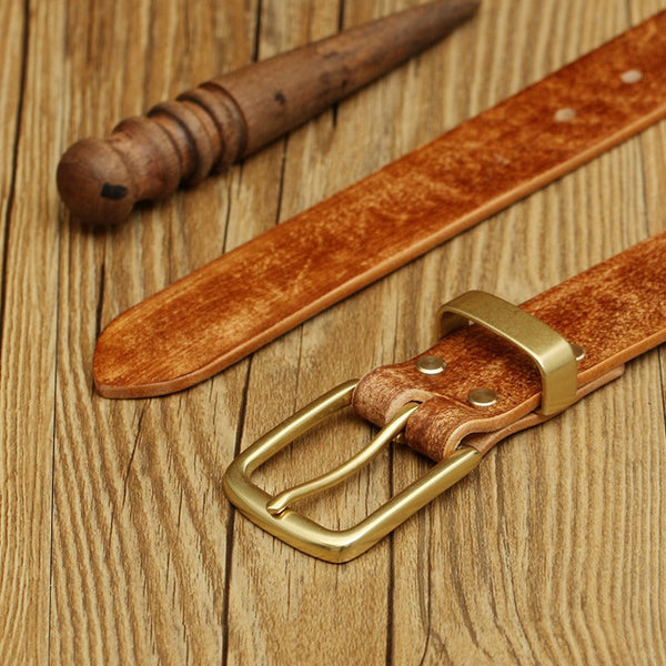 Handmade Mens Brown Leather Brass Belt Minimalist Brass Leather Belt for Men